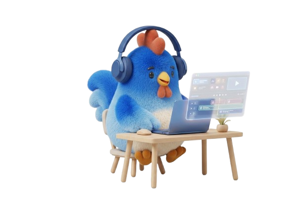 Mascotte coq MyFrenchTool en créateur de contenu, casque sur les oreilles