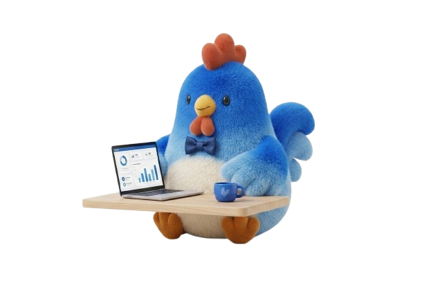 Mascotte coq MyFrenchTool en dirigeant de TPE, devant un tableau de bord financier