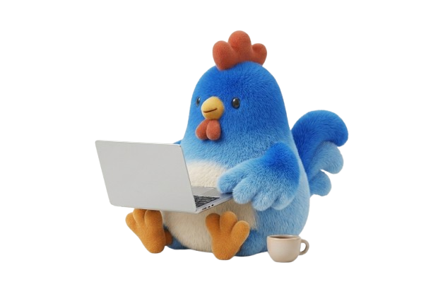 Mascotte coq MyFrenchTool en freelance, travaillant sur son ordinateur portable